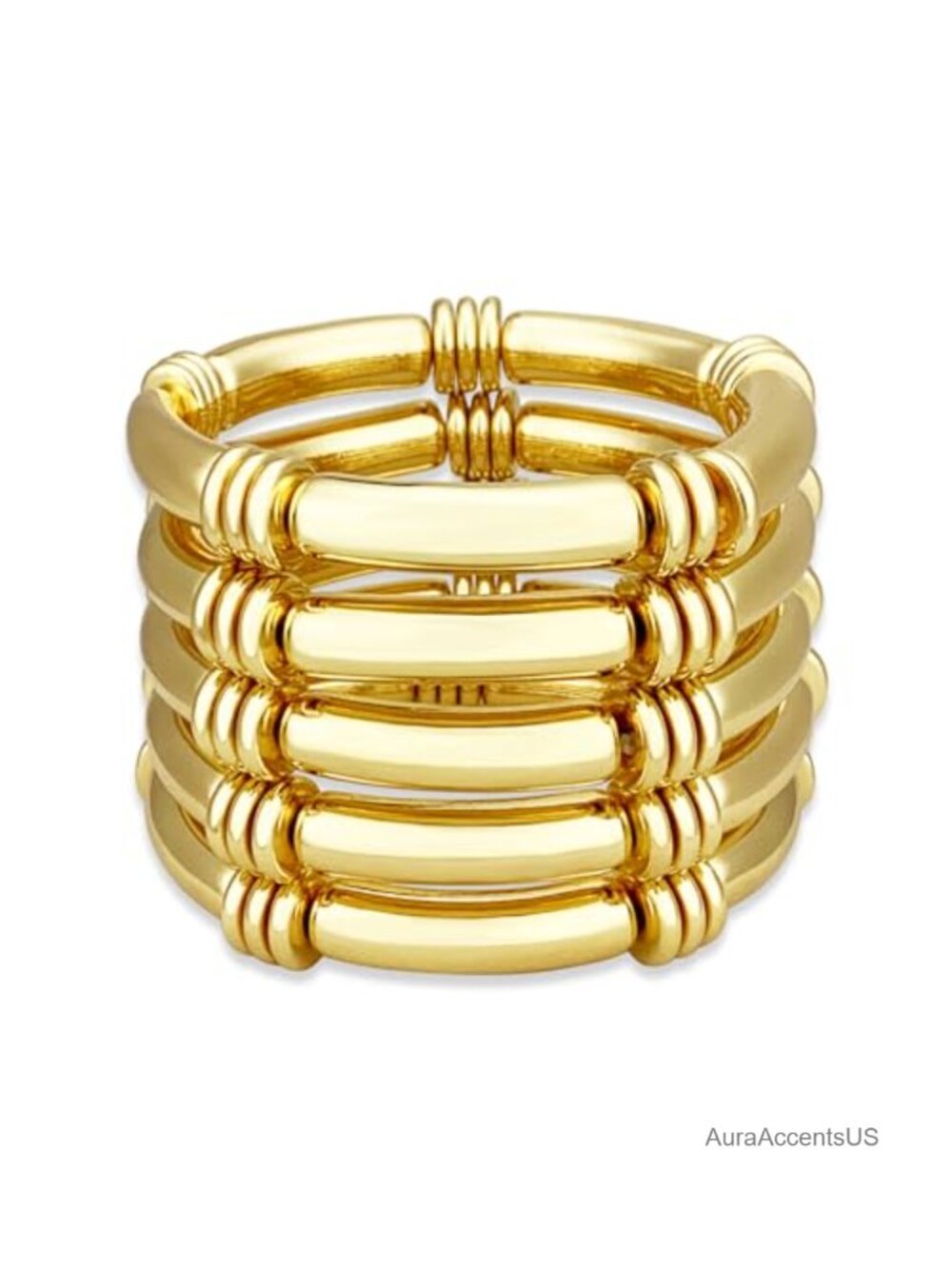 5 pc Chunky Bangle Bracelet Set Gold Plated Stretch Jewelry